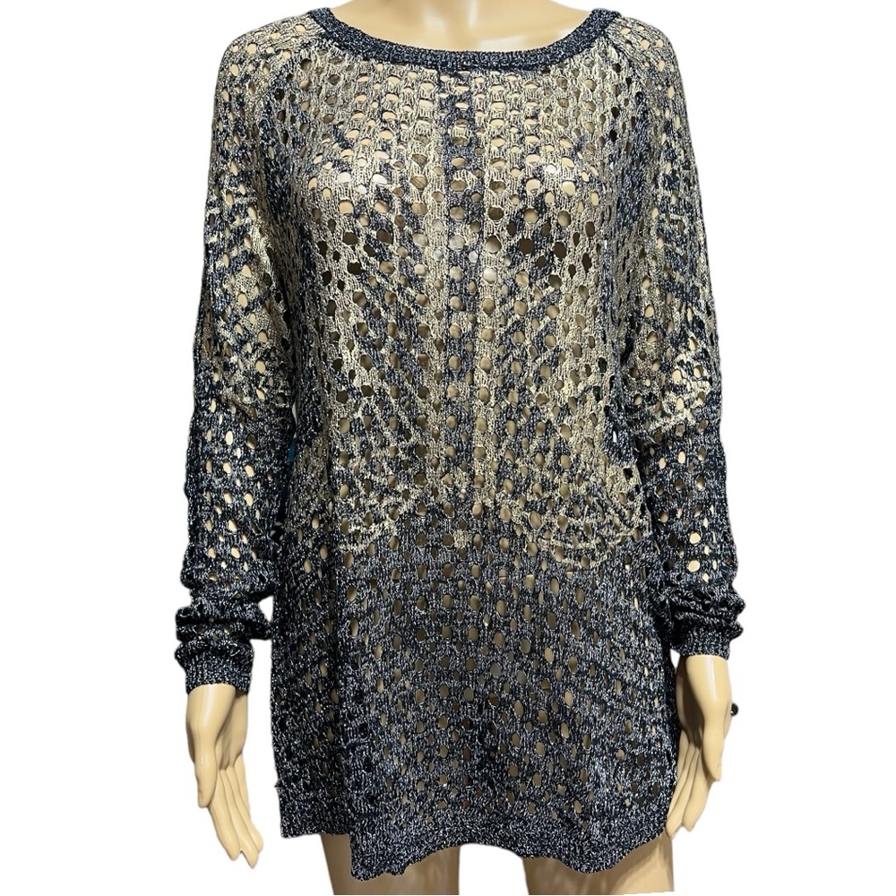 NICOLE SABBATTINI Women's Black Gold Net Long Sleeve Pullover Sweater Medium